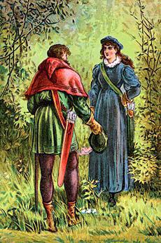 Color illustration of Robin Hood meeting Maid Marian in Sherwood Forest.