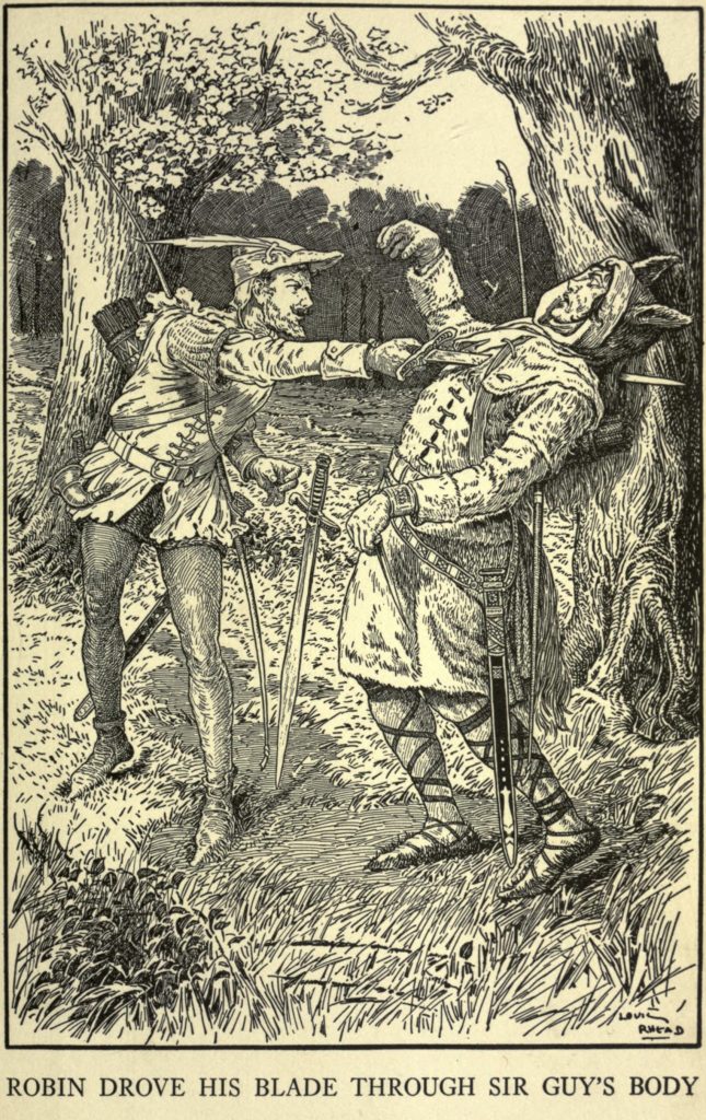 Louis Rhead's 1912 illustration capturing the graphic medieval battle between Robin and Sir Guy of Gisborne.