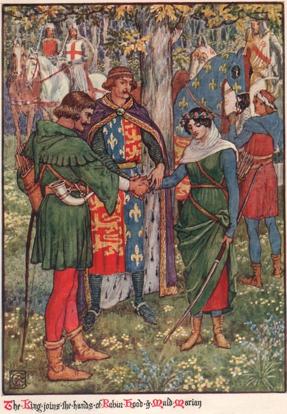 Walter Crane's 1912 illustration showing King Richard blessing Robin Hood and Maid Marian.