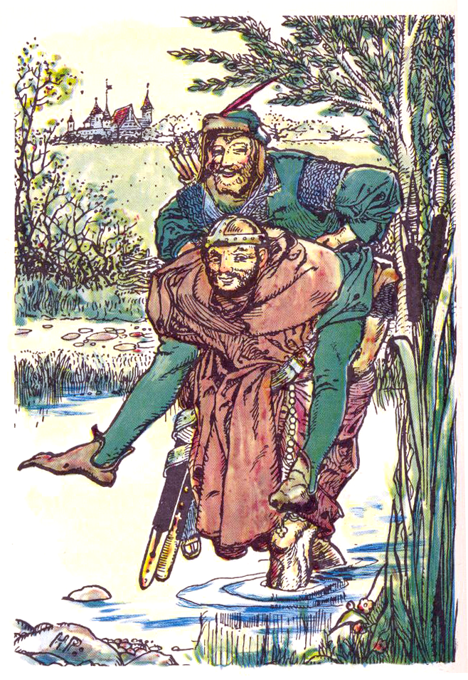 Howard Pyle illustration showing Friar Tuck carrying Robin Hood on his back across a stream.